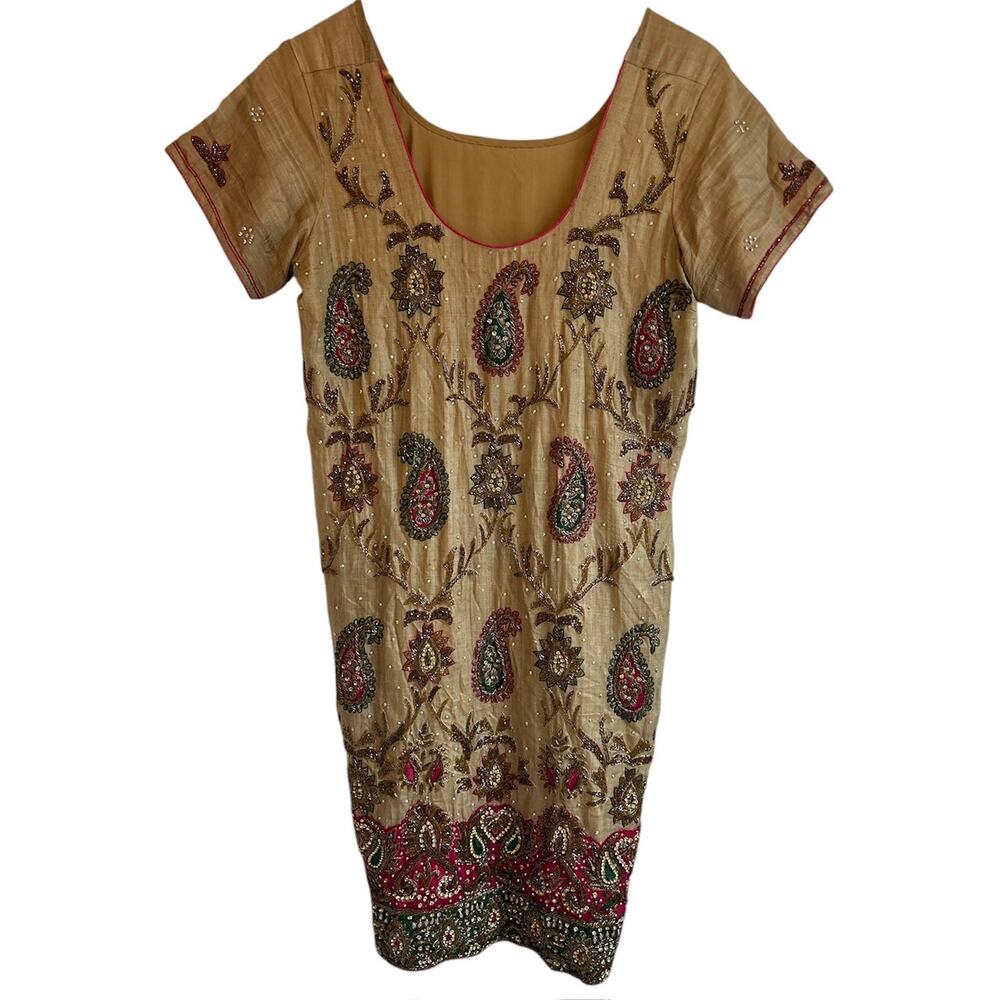 Vintage Handmade Silk Kurta Kurti Beaded Studded Paisley Design Tunic‎ Dress